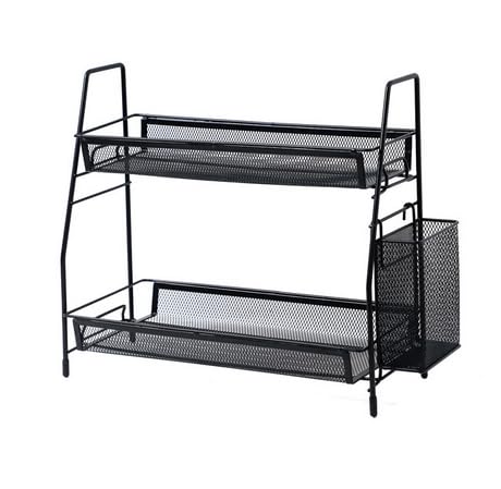 HASTHIP® Desk Organizer Rack Metal Mesh Countertop Organizer Rack Double Layer Storage Organizer Rack with Side Hanging Storage Case, Utility Storage Shelf for Kitchen, Bathroom, Desk, 35.5x20x33cm HASTHIP® Desk Organizer Rack Metal Mesh Countertop Organizer Rack Double Layer Storage Organizer Rack with Side Hanging Storage Case, Utility Storage Shelf for Kitchen, Bathroom, Desk, 35.5x20x33cm